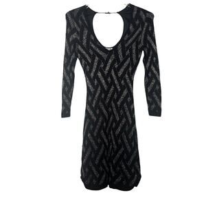 Guess Jeans Sz Small Black Silver Lurex Bodycon Dress Backless Logo Long Sleeve